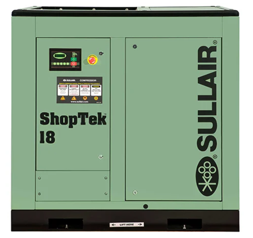 green and black sullair shoptek18 air compressor