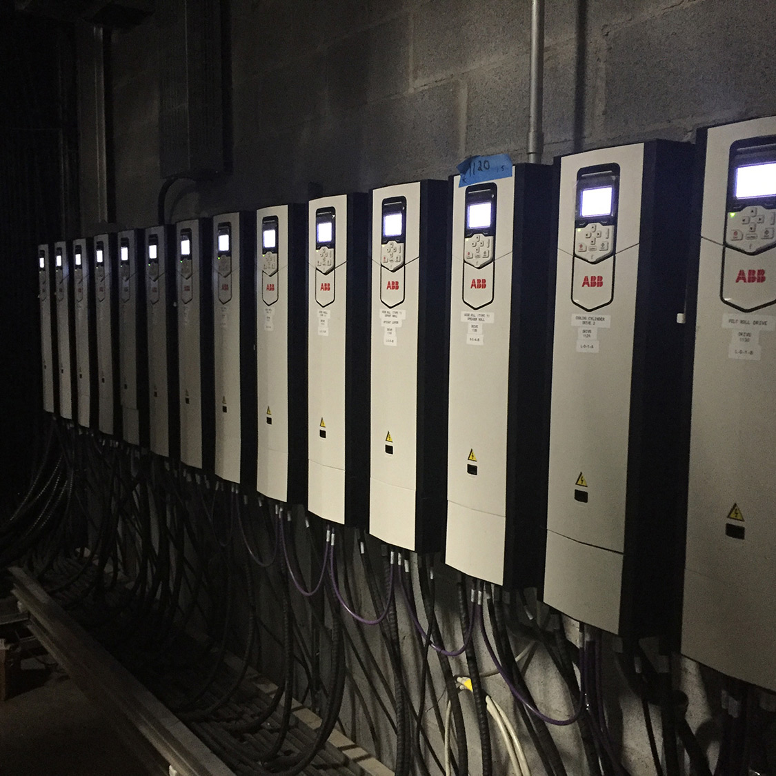 Wall of ABB ACS880 variable frequency drives