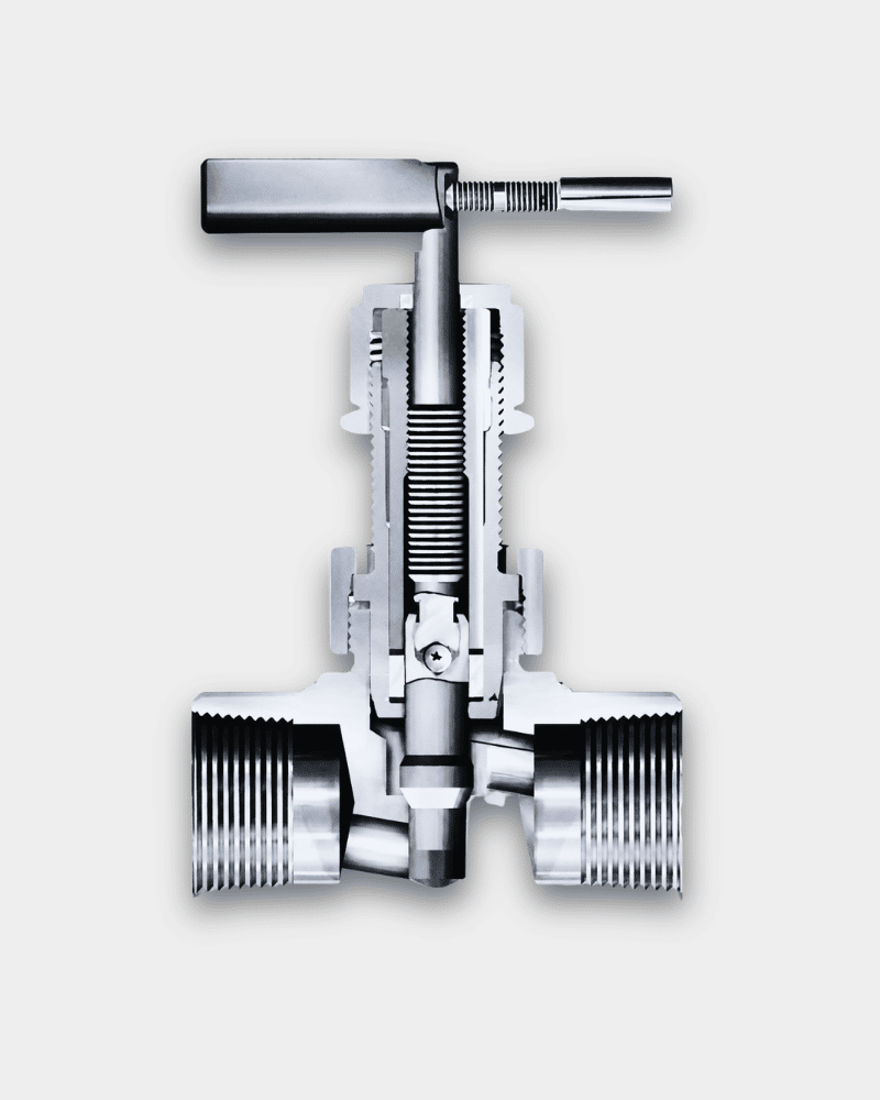 Cutaway illustration of a Parker U Series union-bonnet needle valve